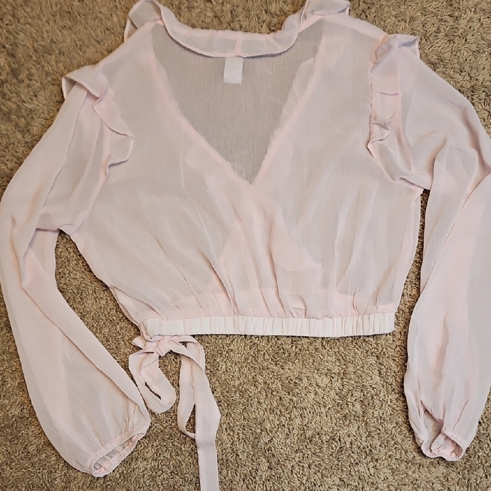Know One Cares Sheer Mesh Pink Ruffle Wrap Blouse - Picture 4 of 8